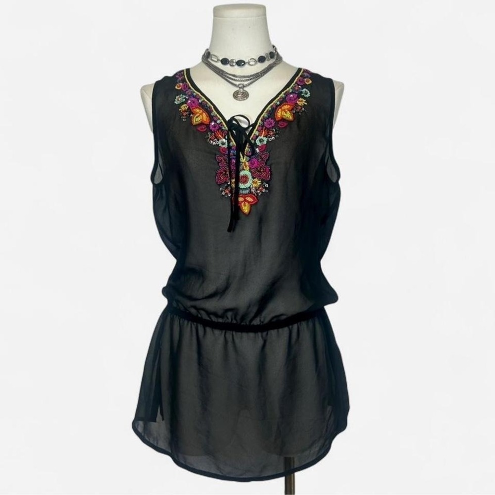 Y2K Cache Sheer Floral Bead Embroidery‎ Cinched Waist Tunic Top Womens S Boho